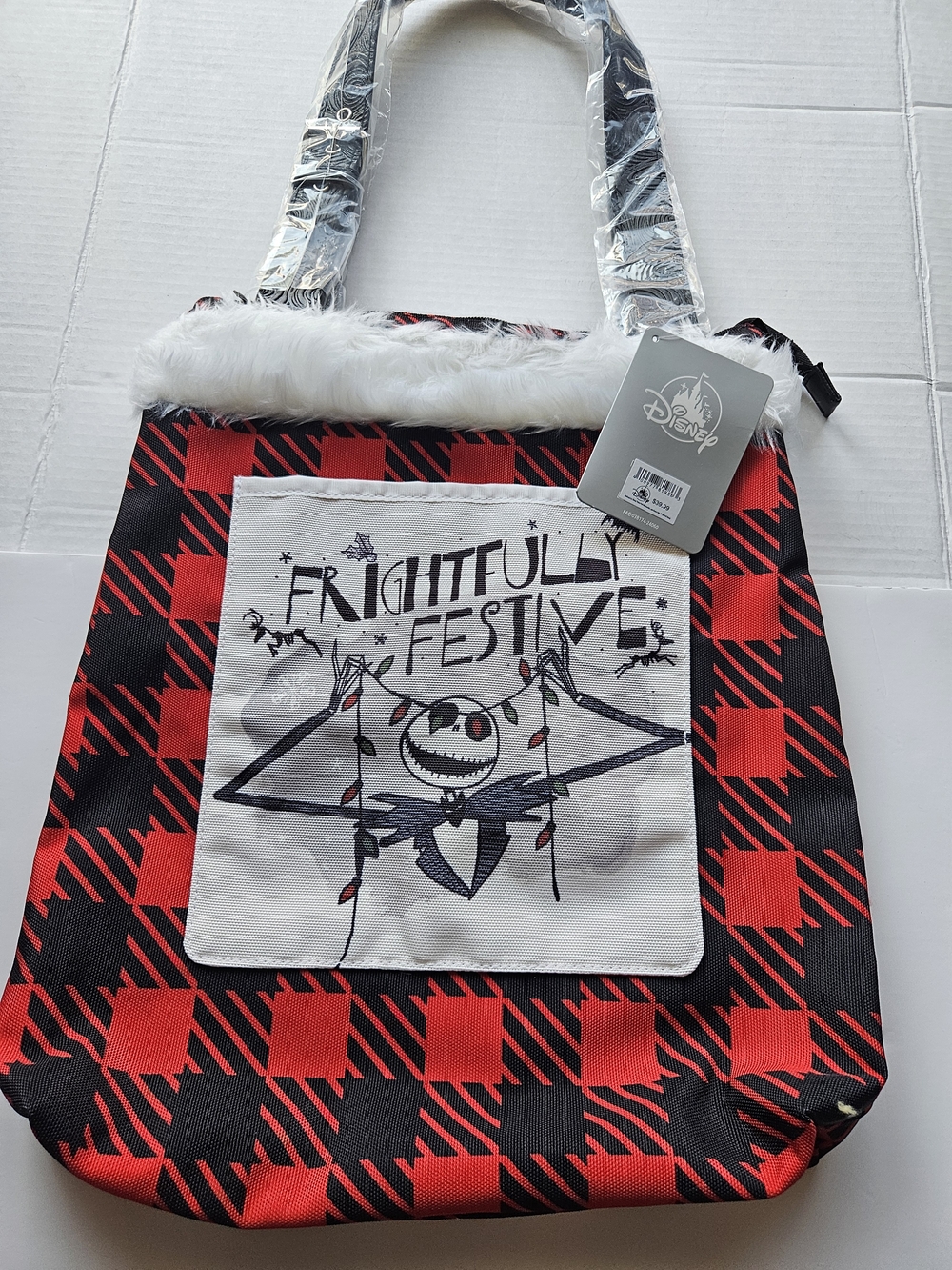 Disney The Nightmare Before Christmas Red Plaid 'Frightfully Festive' Tote Bag